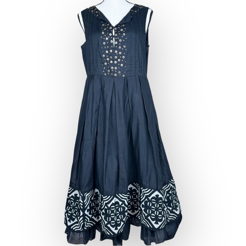Stefanel Italy Dress Black Sleeveless Cotton Beaded Bodice Embroidered Size 8